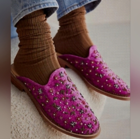 Free People Shoes - Free People Cosmic Pink Magenta Dancing Queen Velvet Beaded Loafer Mules 38 EU
